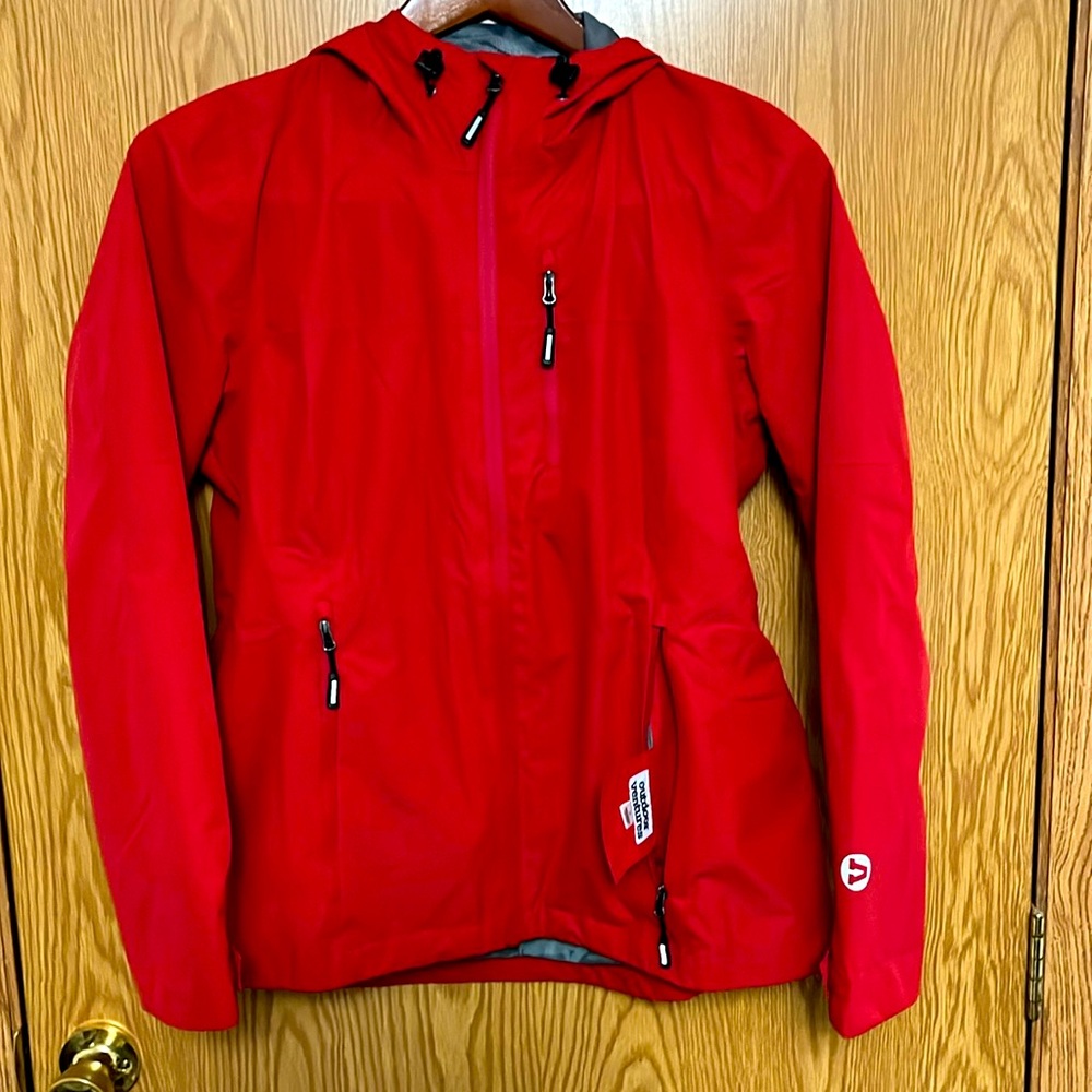 Outdoor Ventures Red Hooded Rain Jacket comes with packable bag size Medium